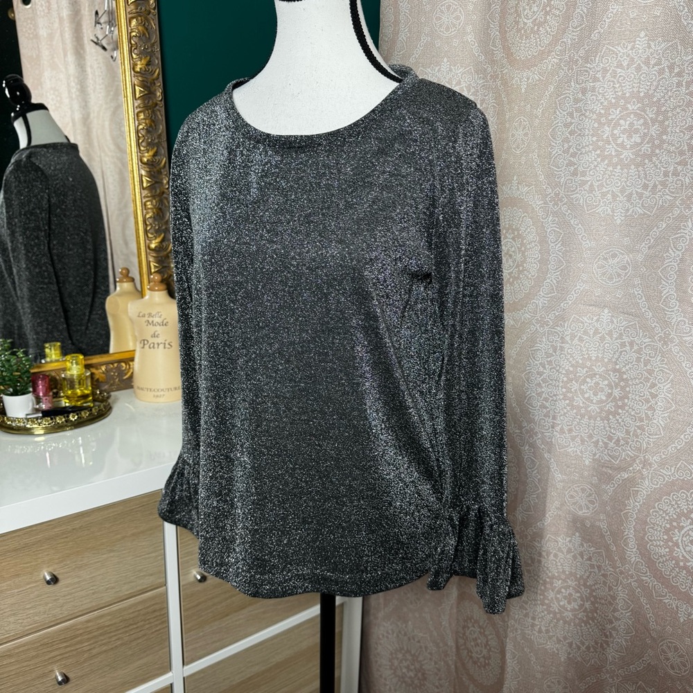 J. Crew Shiny Silver Sparkle Metallic Bell Sleeve Blouse Size Medium Holiday - Picture 4 of 12
